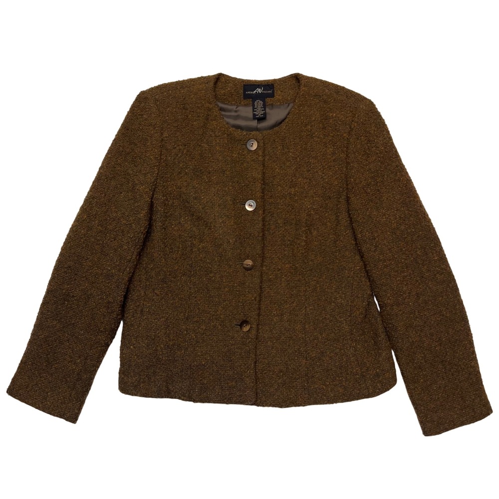 Andrea Viccaro Vintage 90s Brown Wool Blend Tweed Preppy Academia Blazer Size 14